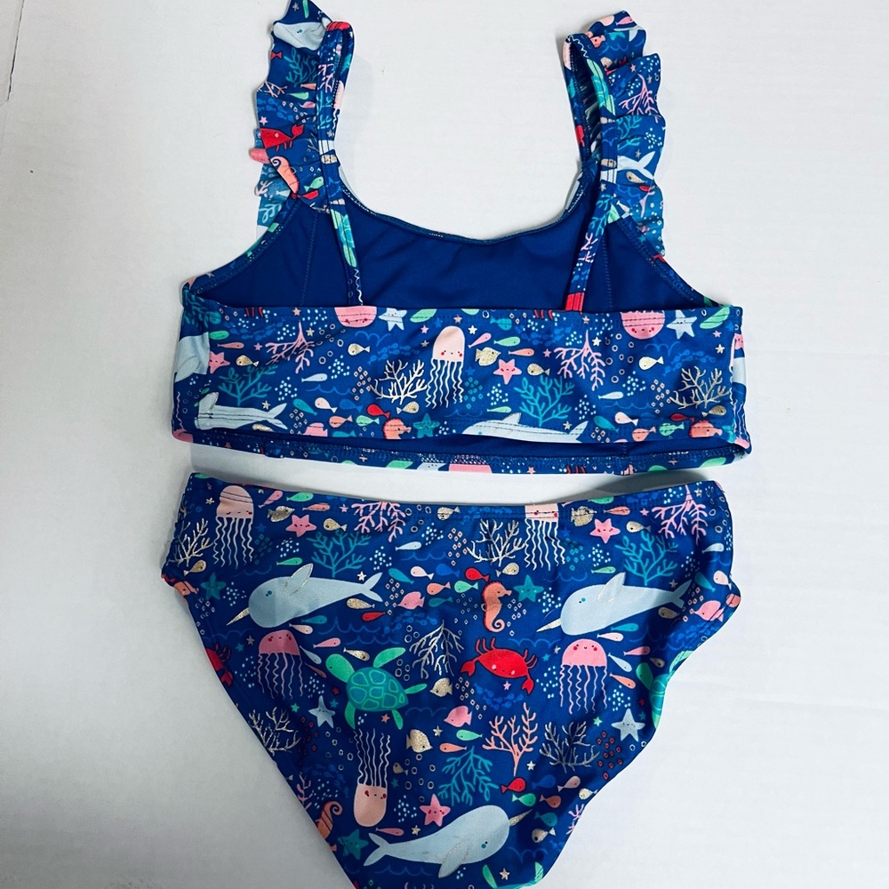Cat & Jack Girls Blue Bikini with Ocean Print and Ruffles.        SIZE L (10-12) - Picture 2 of 12